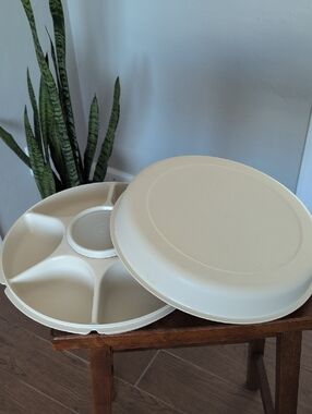 Vintage Tupperware Cream Divided Serving Platter with Lid